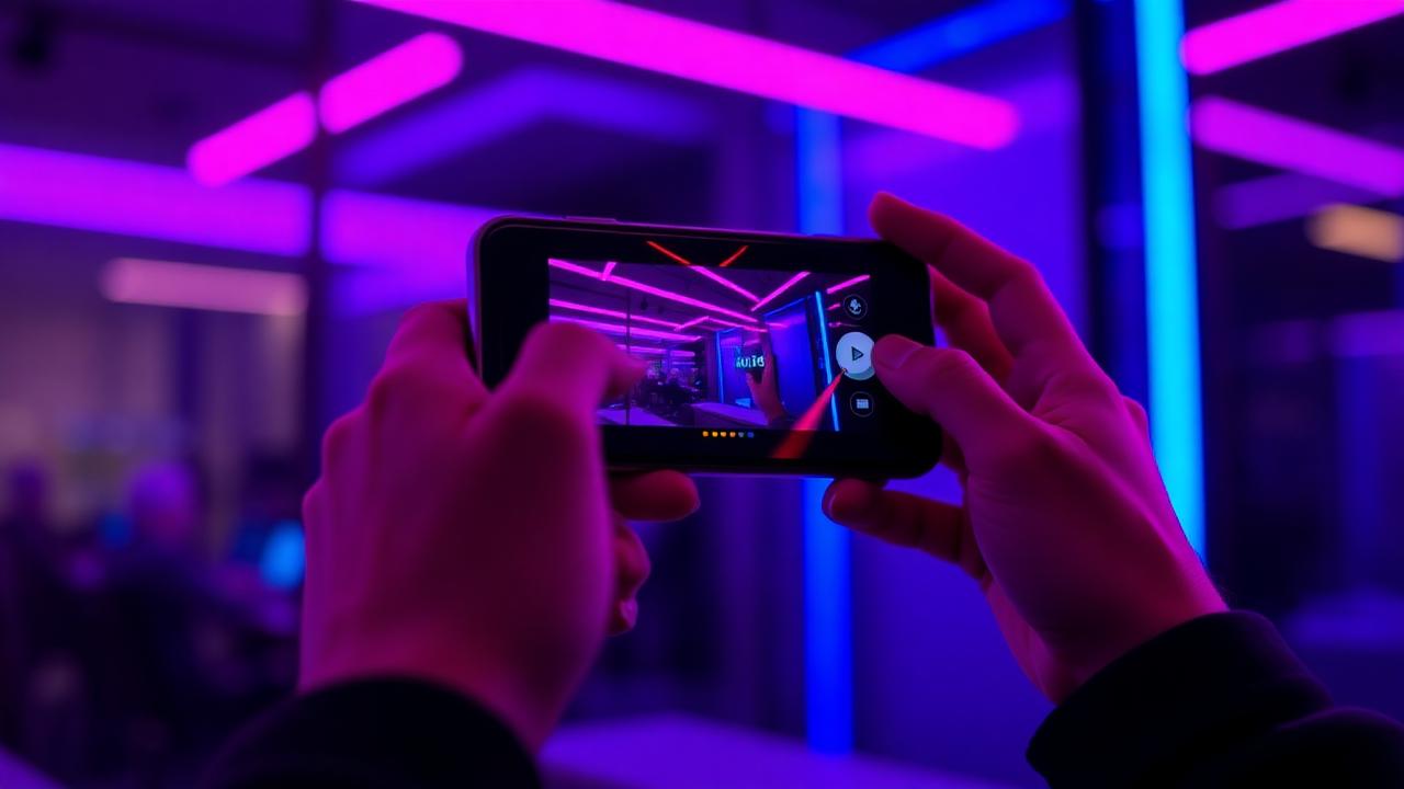 Interactive live cam control features on mobile device with neon lighting