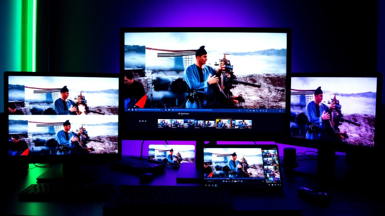 A live VR stripcam stream open on a desktop, tablet, phone, and headset side by side