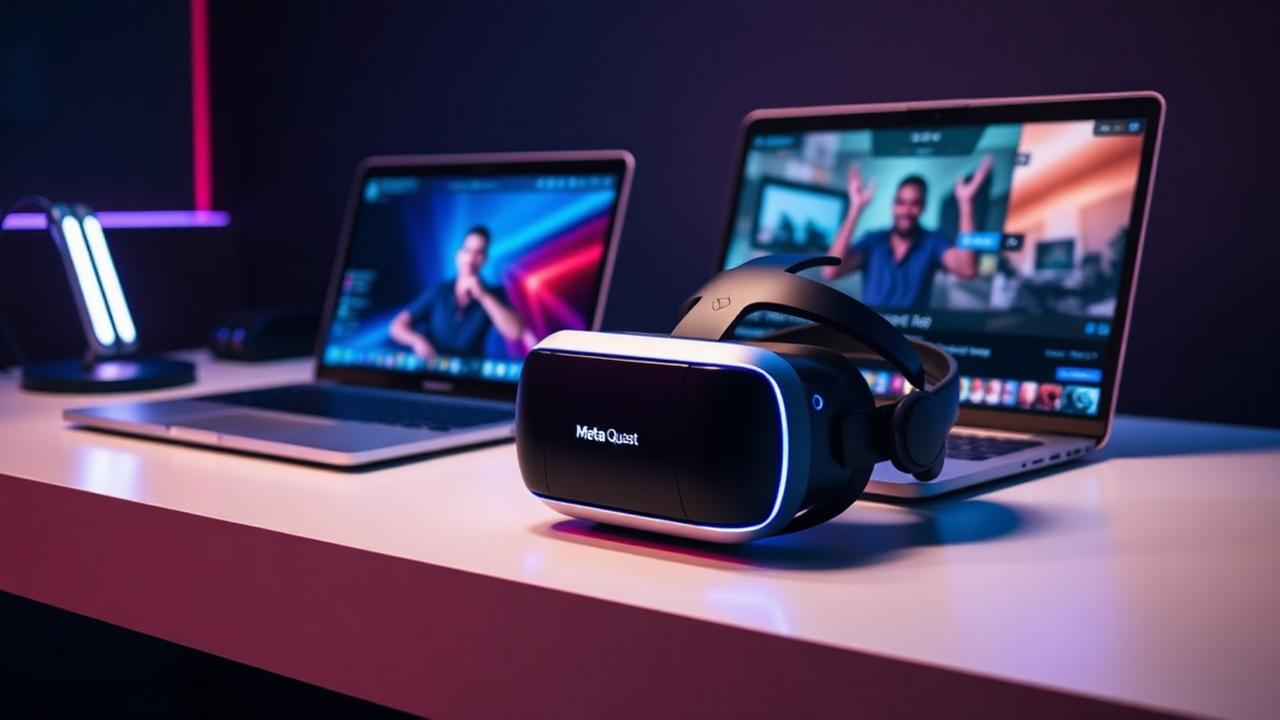 VR headset and laptop setup for live cam streaming