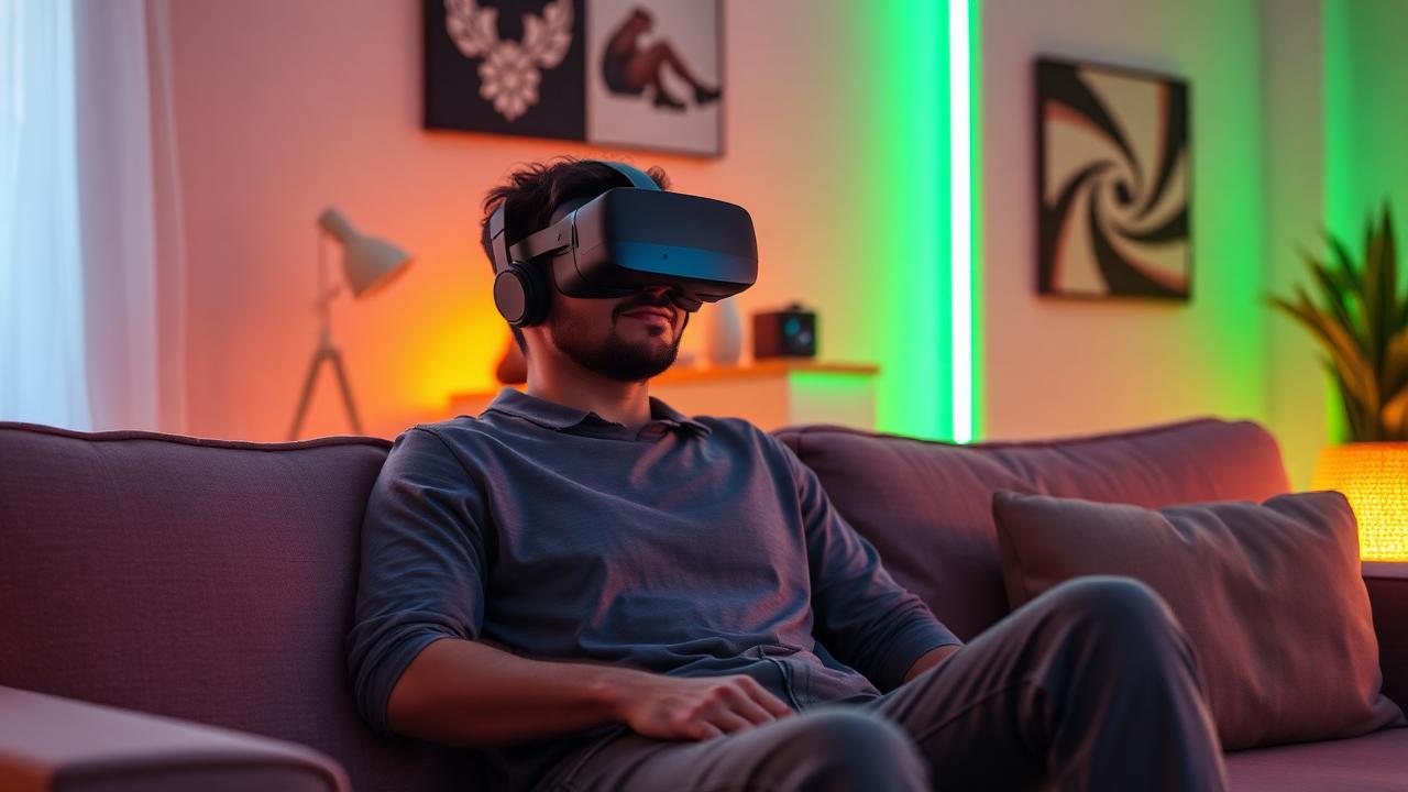 Viewer watching a live VR stripcam show from a home sofa wearing a headset